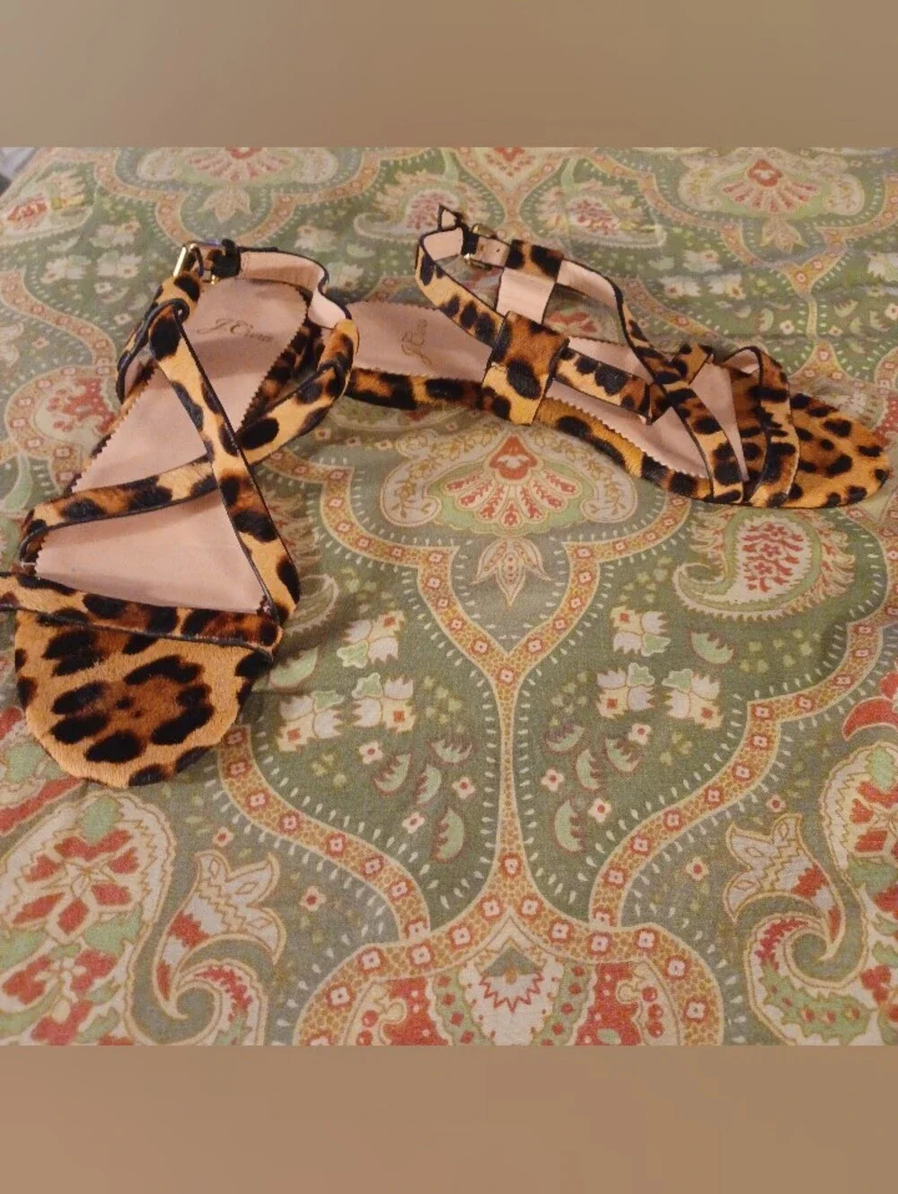 J Crew 7.5 7 1/2 animal print leather strappy sandals flats shoes